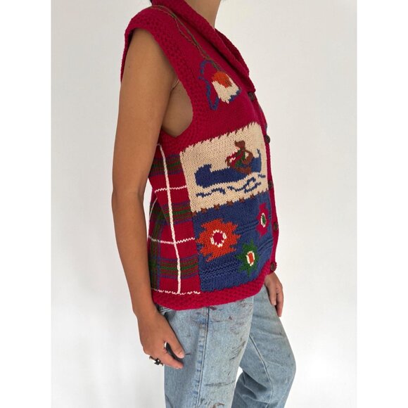 90s vintage outdoor nature print knitted plaid button up hand knit sweater vest - Picture 6 of 9